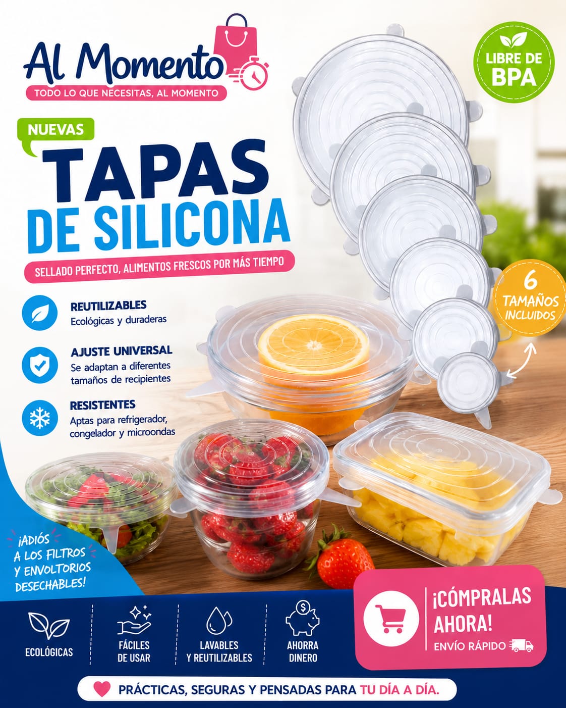 TapaPro® Set de 6 Tapas Elásticas de Silicona