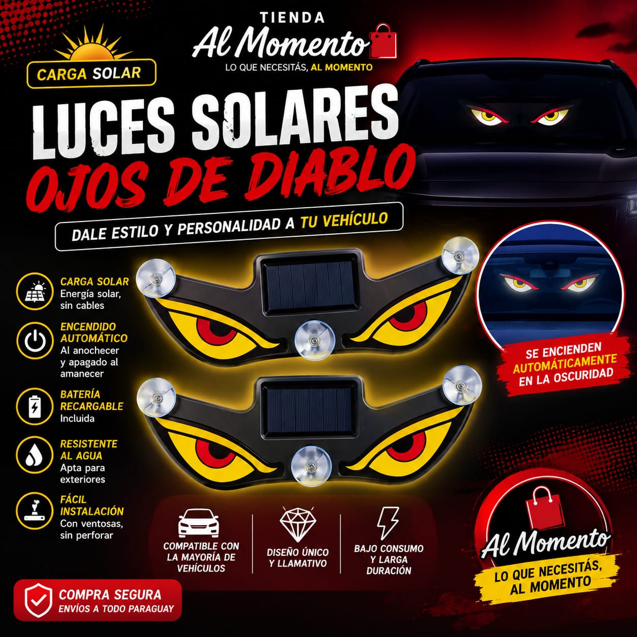 LUCES SOLARES OJOS DE DIABLO PARA VEHÍCULOS 🚗☀️